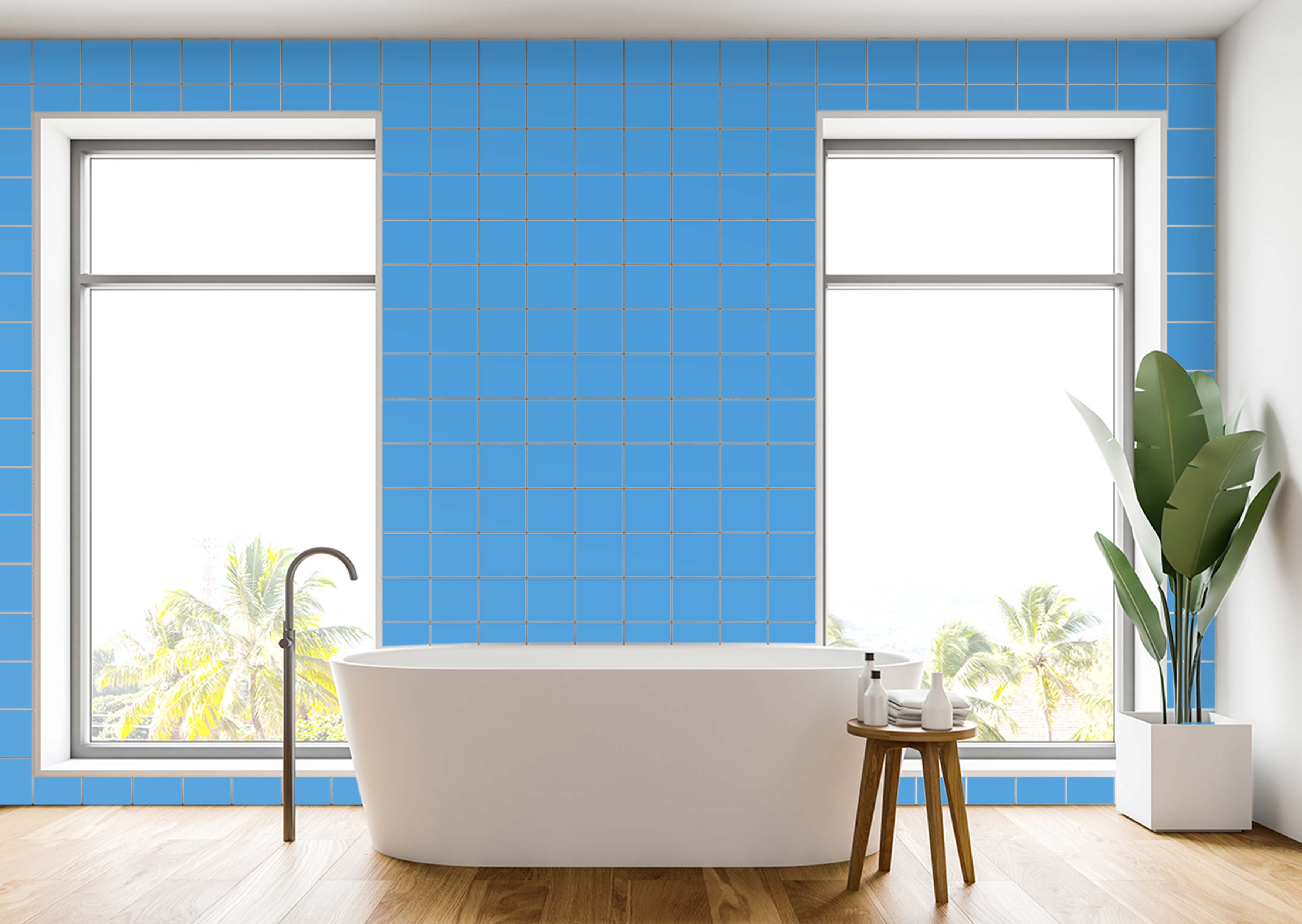 Selbstklebende Fliesenaufkleber in hellem blau, perfekt um Fliesen im Bad modern und schnell zu gestalten.
